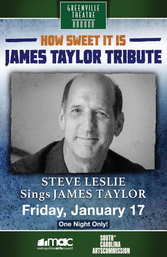 James Taylor tribute concert flyer with a picture of the musician and the event dates listed.