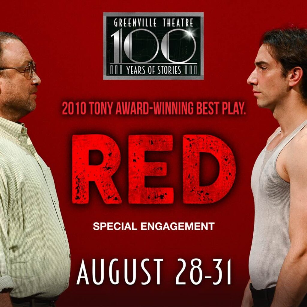 Two men stare down each other. In between them is the Greenville Theatre logo and show information for the play Red.
