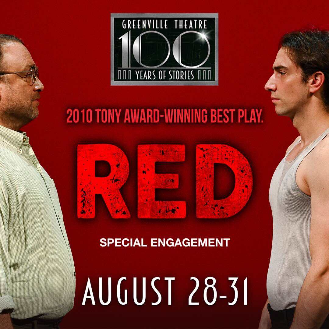 Two men stare down each other. In between them is the Greenville Theatre logo and show information for the play Red.